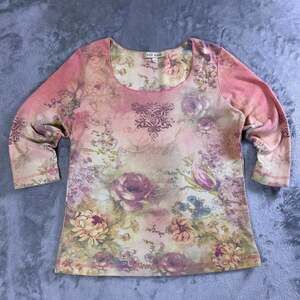 Xcit USA Vintage Floral Rhinestone Top Womens M Pink 3/4 Sleeve Y2K Made USA